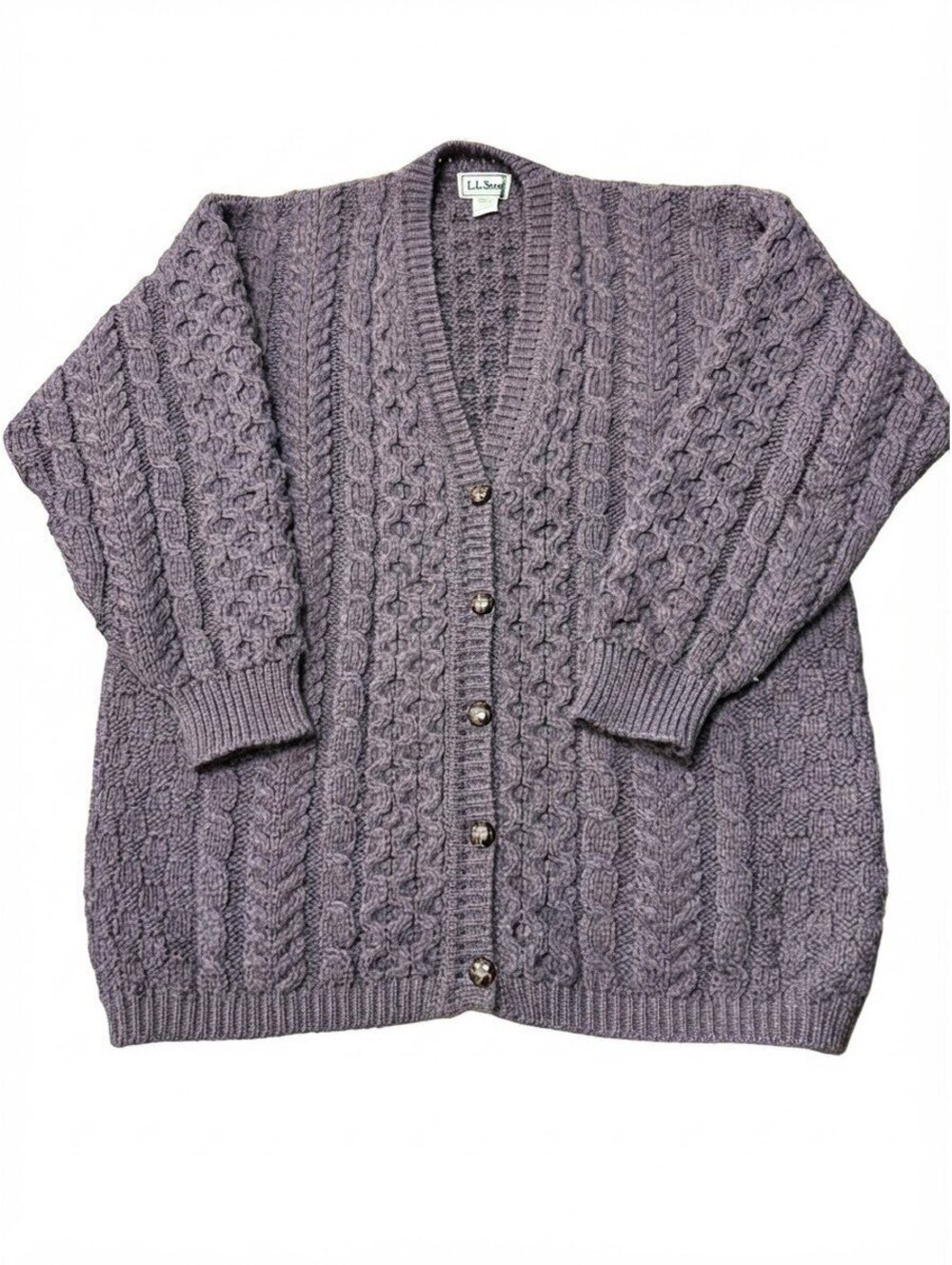 L.L.Bean Made in Ireland Purple Heather Wool Cable Knit Cardigan Sweater L VTG